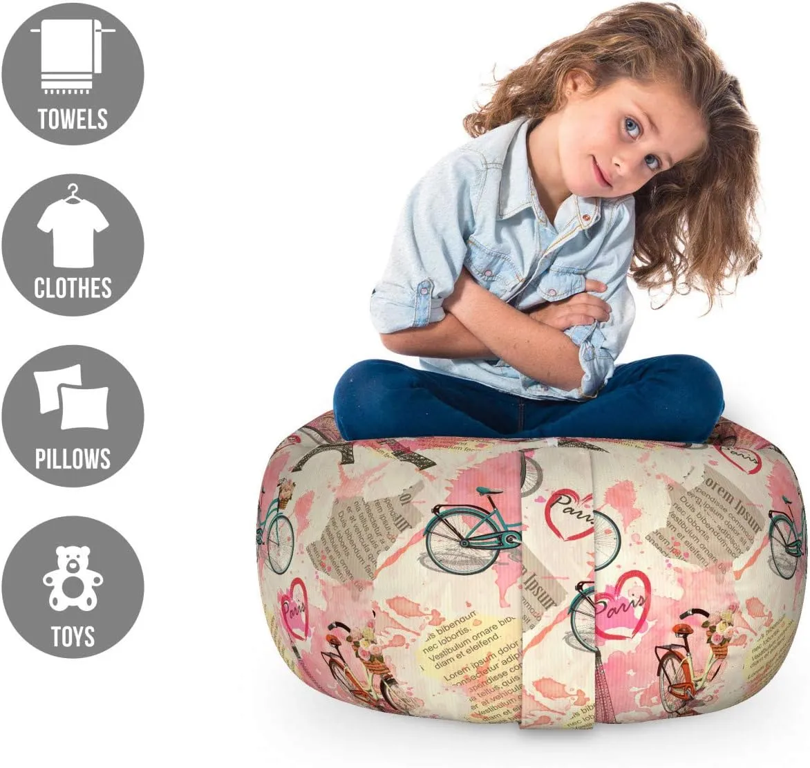 Ambesonne Paris Storage Toy Bag Chair, Landmark of France with Abstract Letterings Bike Hearts Art Print, Stuffed Animal Organizer Washable Bag, Small Size, Blue Pink