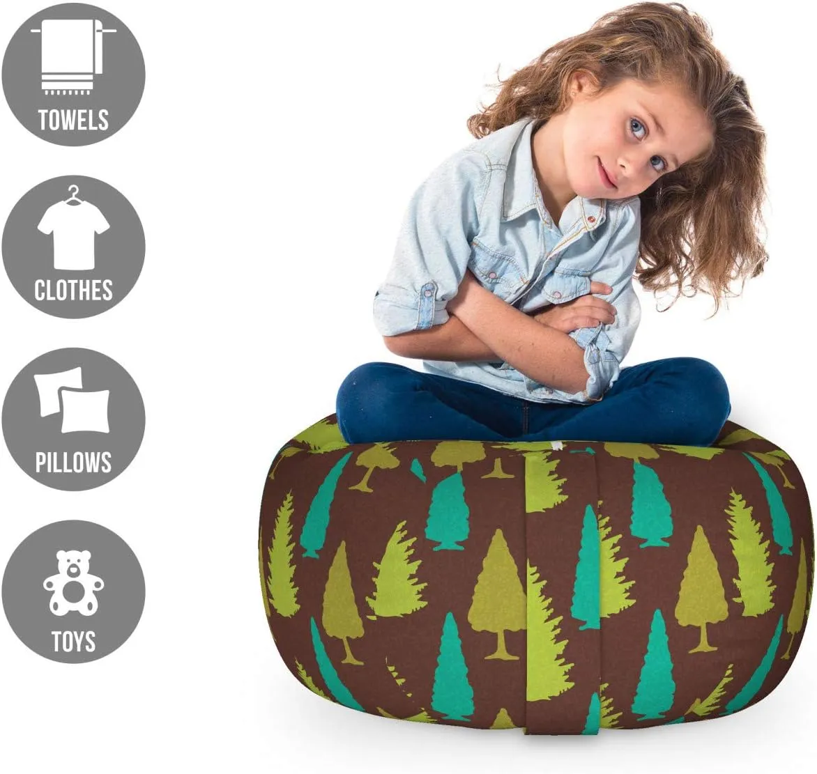 Ambesonne Pine Tree Storage Toy Bag Chair, Spruce Autumn Forest Trees Evergreen Plants Nature Print, Stuffed Animal Organizer Washable Bag, Small Size, Brown Apple Green