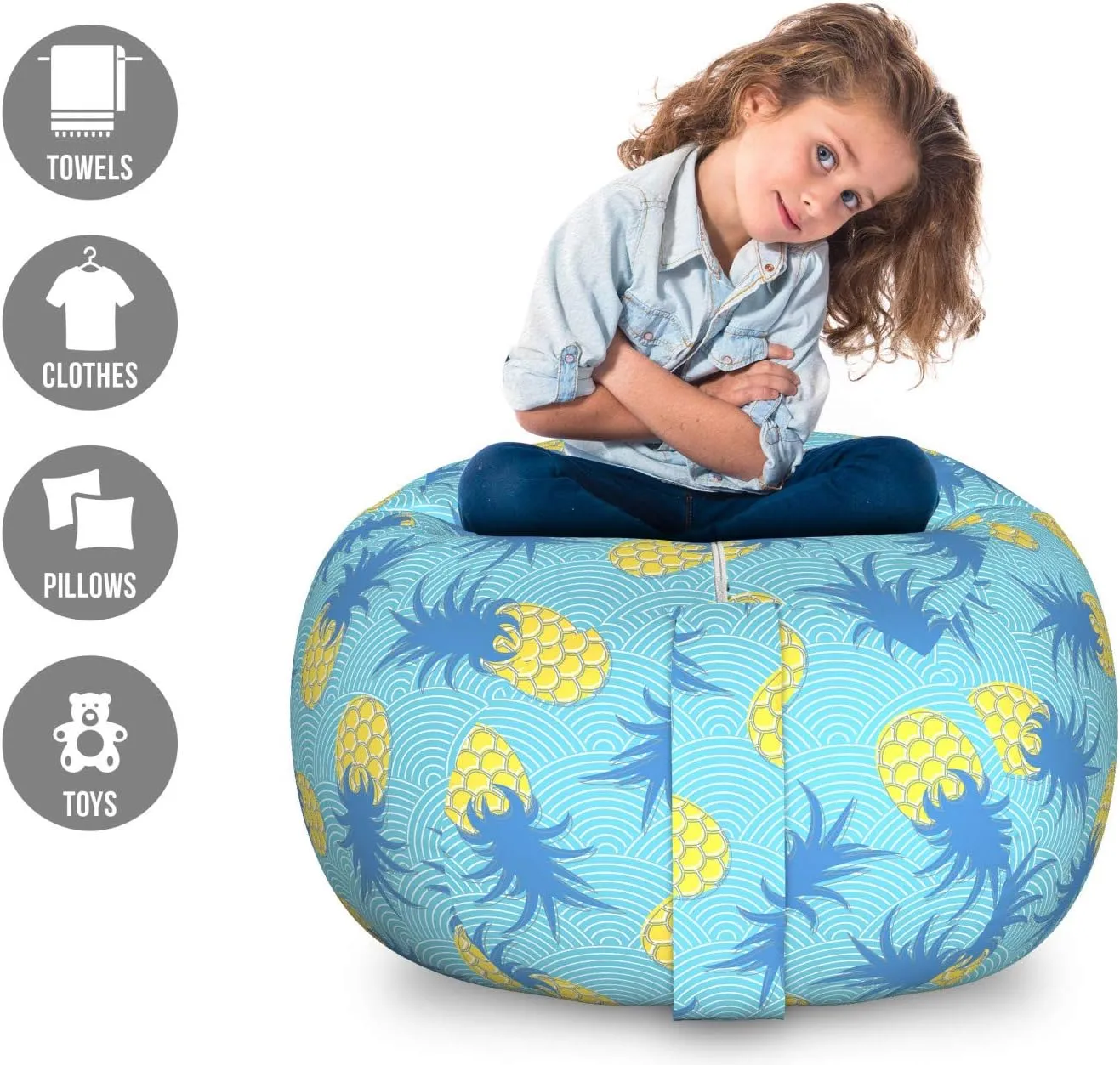 Ambesonne Pineapple Storage Toy Bag Chair, Summer Fruits Tasty Tropical Vegan Ananas Summertime Demonstration, Stuffed Animal Organizer Washable Bag, Large Size, Azure Blue and Mustard