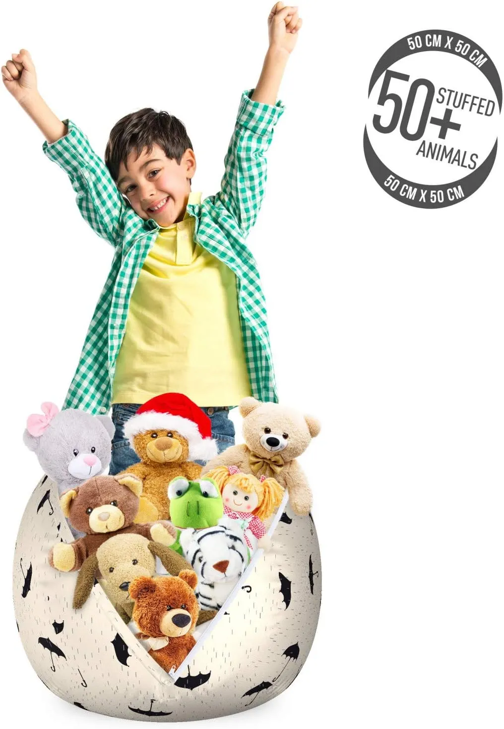 Ambesonne Rain Storage Toy Bag Chair, Scattering Dashed Line Inspired Droplets and Upside Down Aligned Umbrellas, Stuffed Animal Organizer Washable Bag, Small Size, Black Grey and Beige