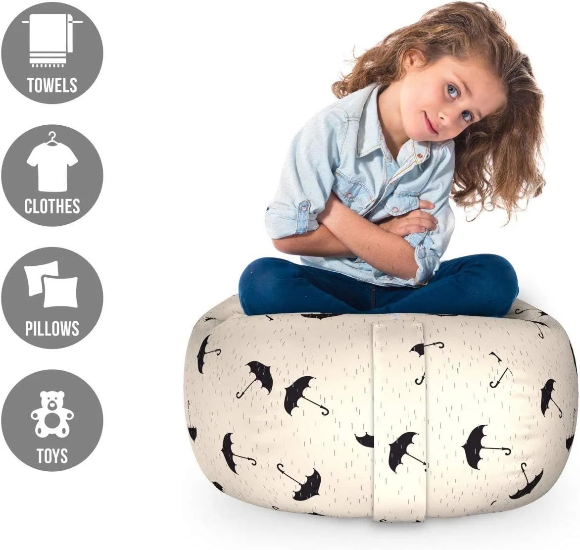 Ambesonne Rain Storage Toy Bag Chair, Scattering Dashed Line Inspired Droplets and Upside Down Aligned Umbrellas, Stuffed Animal Organizer Washable Bag, Small Size, Black Grey and Beige