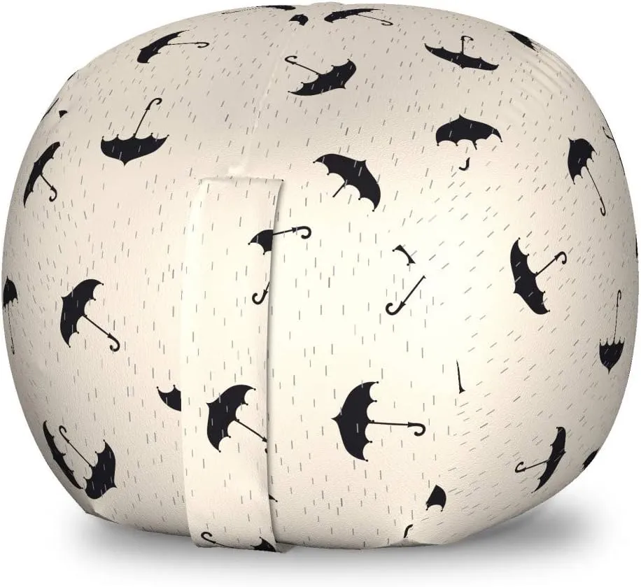 Ambesonne Rain Storage Toy Bag Chair, Scattering Dashed Line Inspired Droplets and Upside Down Aligned Umbrellas, Stuffed Animal Organizer Washable Bag, Small Size, Black Grey and Beige