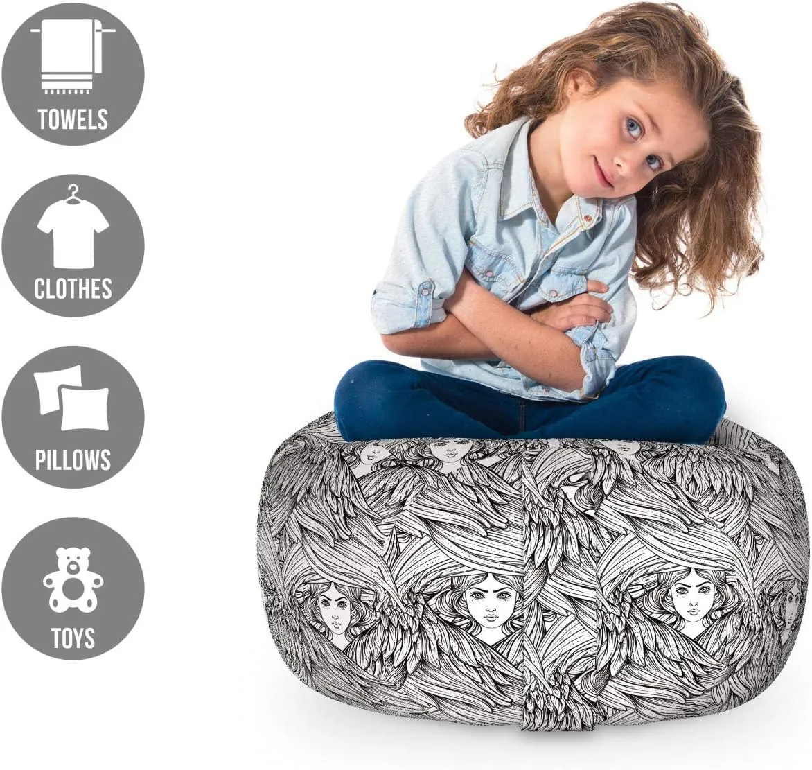 Ambesonne Sketch Storage Toy Bag Chair, Hand Drawn Woman Heads Images Surrounding Hair in Monochrome Style, Stuffed Animal Organizer Washable Bag, Small Size, Charcoal Grey and White