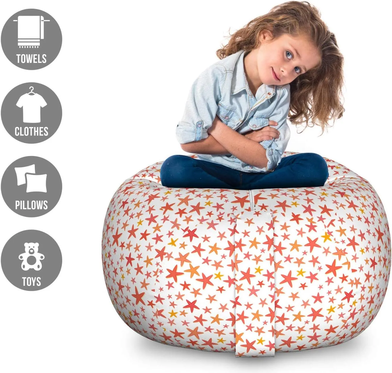 Ambesonne Starfish Storage Toy Bag Chair, Nautical Underwater Star Shape Creature Repetition, Stuffed Animal Organizer Washable Bag, Large Size, Salmon Dark Coral