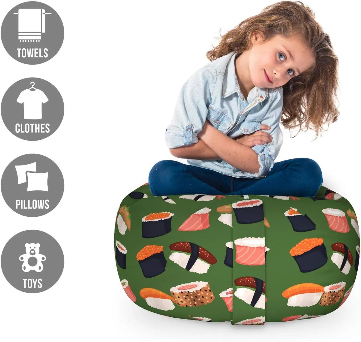 Ambesonne Sushi Storage Toy Bag Chair, Seafood Themed Traditional Sushi Rolls Consisting of Rice Raw Fish Veggies in Seaweed, Stuffed Animal Organizer Washable Bag, Small Size, Green Black