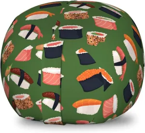 Ambesonne Sushi Storage Toy Bag Chair, Seafood Themed Traditional Sushi Rolls Consisting of Rice Raw Fish Veggies in Seaweed, Stuffed Animal Organizer Washable Bag, Small Size, Green Black
