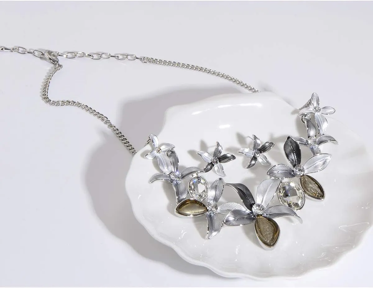 AMYJANE Vintage Statement Jewelry Set - Spring Leaf Flower Floral Plant Necklace Earring Set Crystal Rhinestone Fashion Costume Jewelry for Women Prom Party Unique Gift