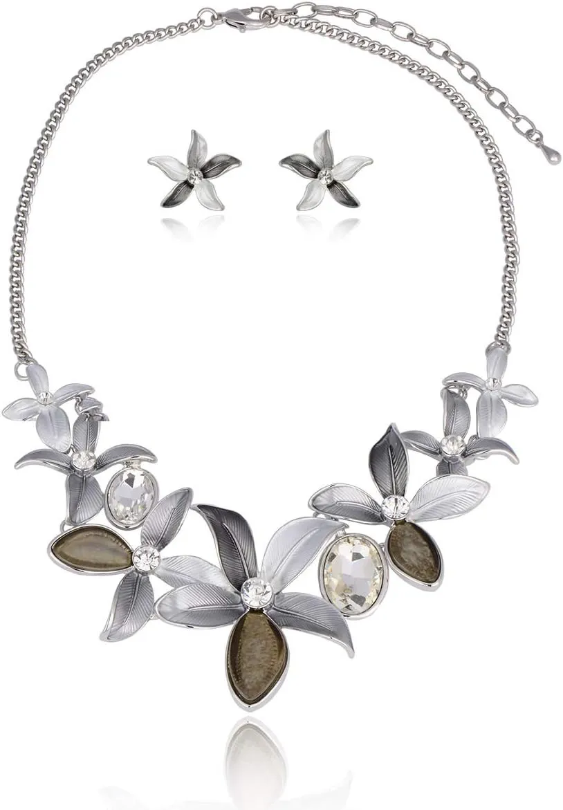 AMYJANE Vintage Statement Jewelry Set - Spring Leaf Flower Floral Plant Necklace Earring Set Crystal Rhinestone Fashion Costume Jewelry for Women Prom Party Unique Gift