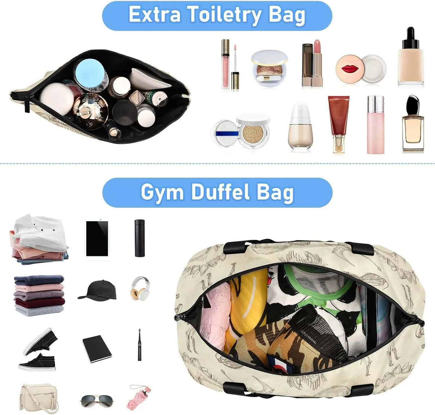 Ancient Old Animals Dinosaurs Elephants Crocodile Silhouette Retro Foldable Travel Bag, Camping Luggage bag, Portable Gym Bag, Sports Bag, Toiletry Bag with Handles Adjustable Shoulder Strap