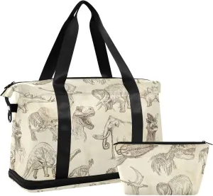 Ancient Old Animals Dinosaurs Elephants Crocodile Silhouette Retro Foldable Travel Bag, Camping Luggage bag, Portable Gym Bag, Sports Bag, Toiletry Bag with Handles Adjustable Shoulder Strap