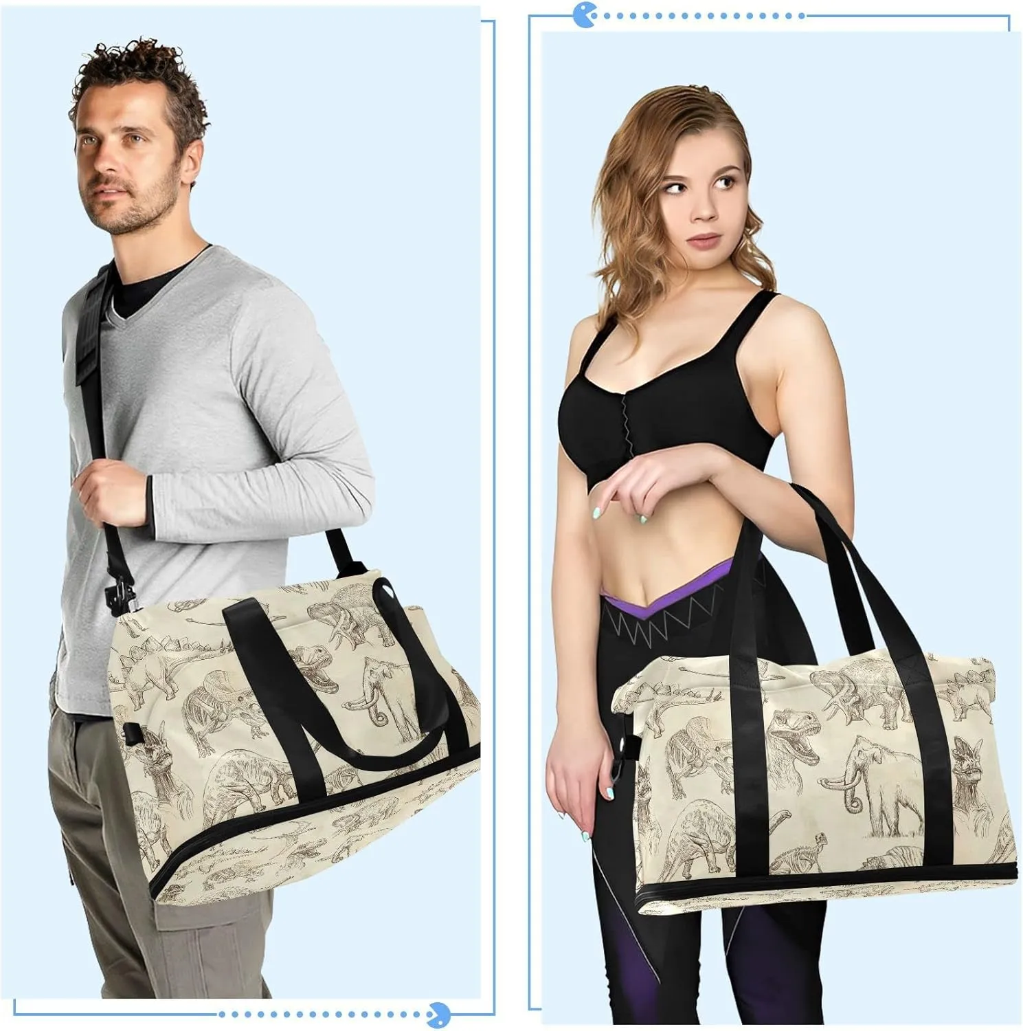 Ancient Old Animals Dinosaurs Elephants Crocodile Silhouette Retro Foldable Travel Bag, Camping Luggage bag, Portable Gym Bag, Sports Bag, Toiletry Bag with Handles Adjustable Shoulder Strap