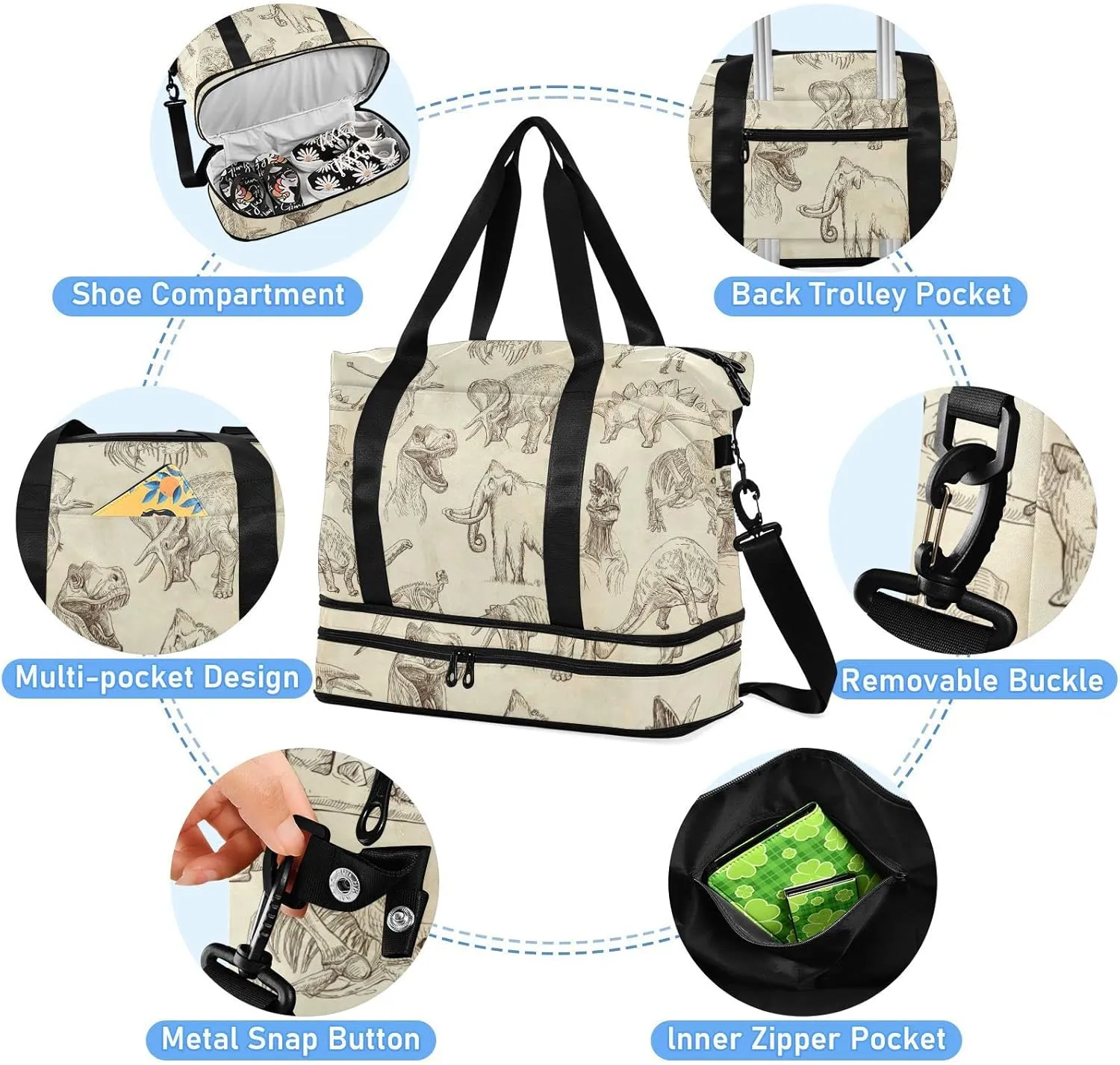 Ancient Old Animals Dinosaurs Elephants Crocodile Silhouette Retro Foldable Travel Bag, Camping Luggage bag, Portable Gym Bag, Sports Bag, Toiletry Bag with Handles Adjustable Shoulder Strap