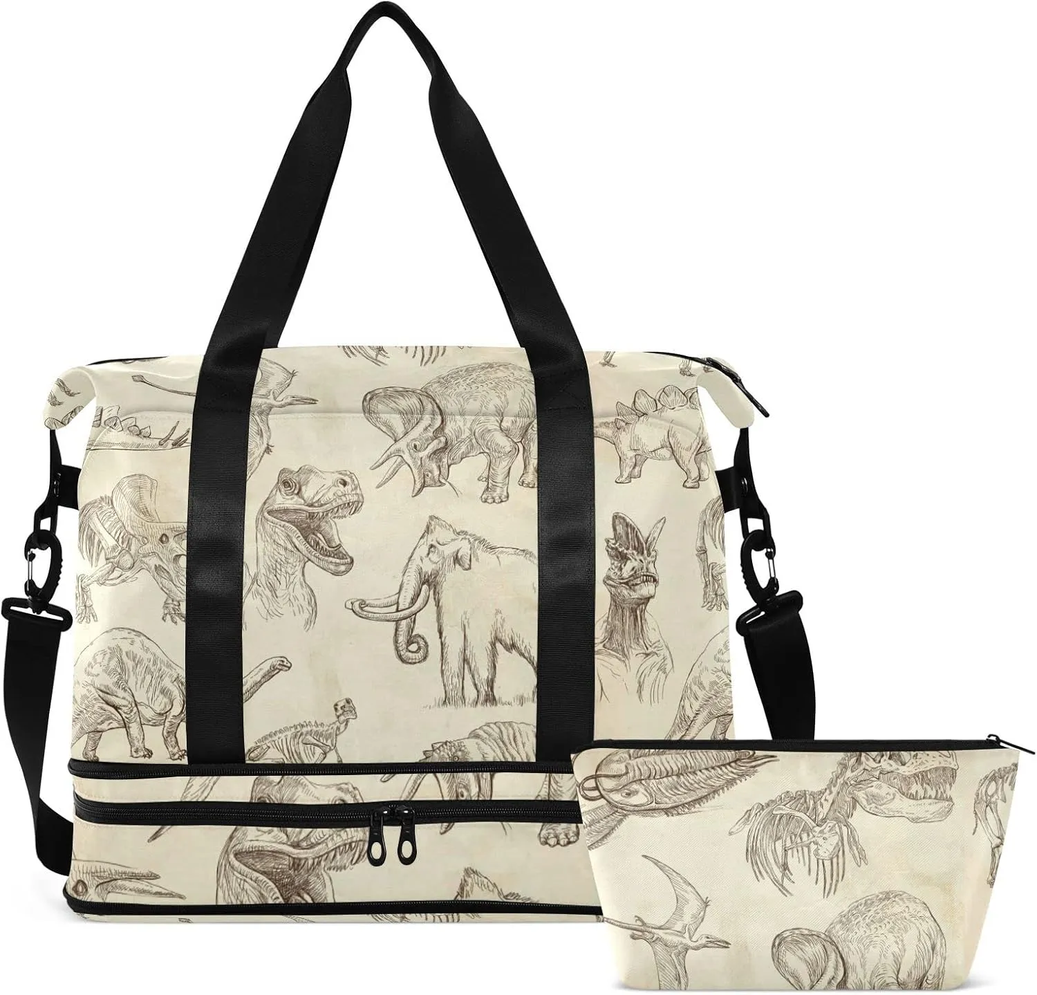 Ancient Old Animals Dinosaurs Elephants Crocodile Silhouette Retro Foldable Travel Bag, Camping Luggage bag, Portable Gym Bag, Sports Bag, Toiletry Bag with Handles Adjustable Shoulder Strap