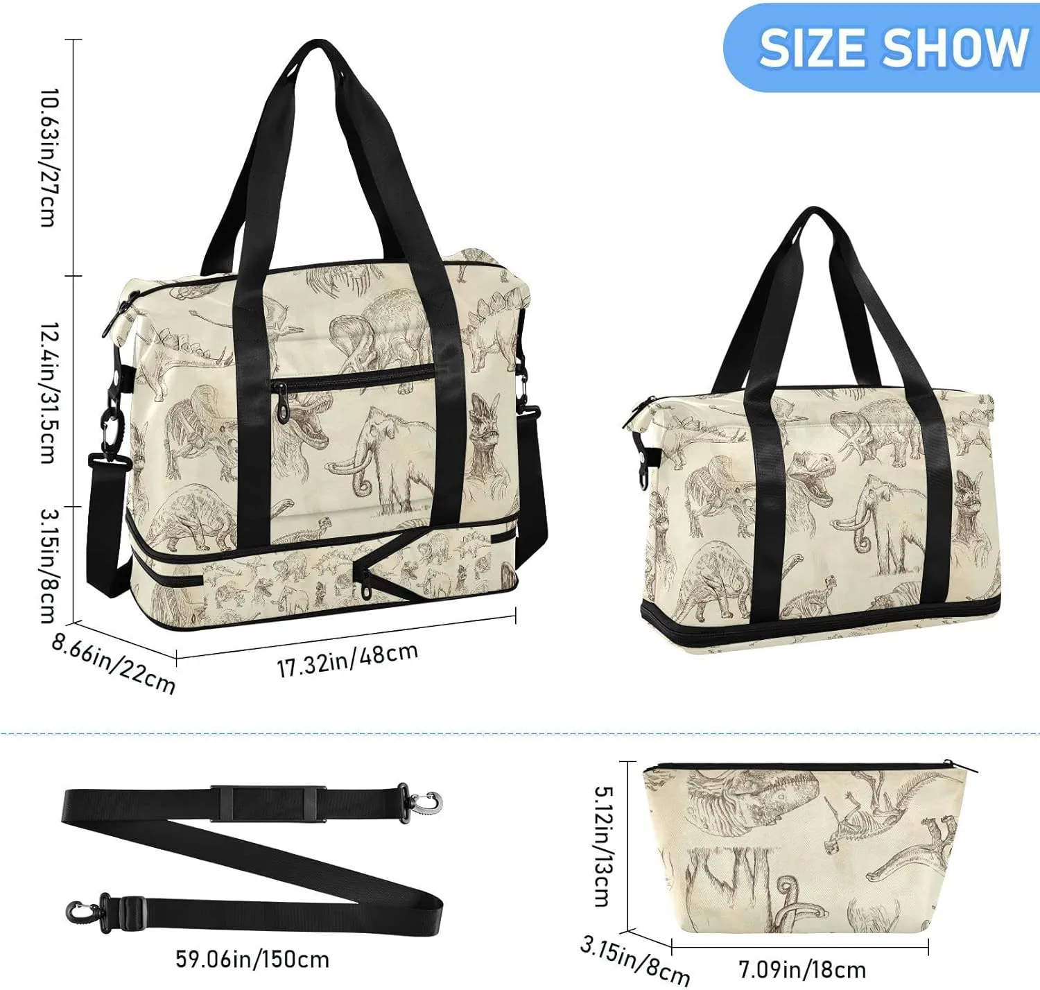 Ancient Old Animals Dinosaurs Elephants Crocodile Silhouette Retro Foldable Travel Bag, Camping Luggage bag, Portable Gym Bag, Sports Bag, Toiletry Bag with Handles Adjustable Shoulder Strap