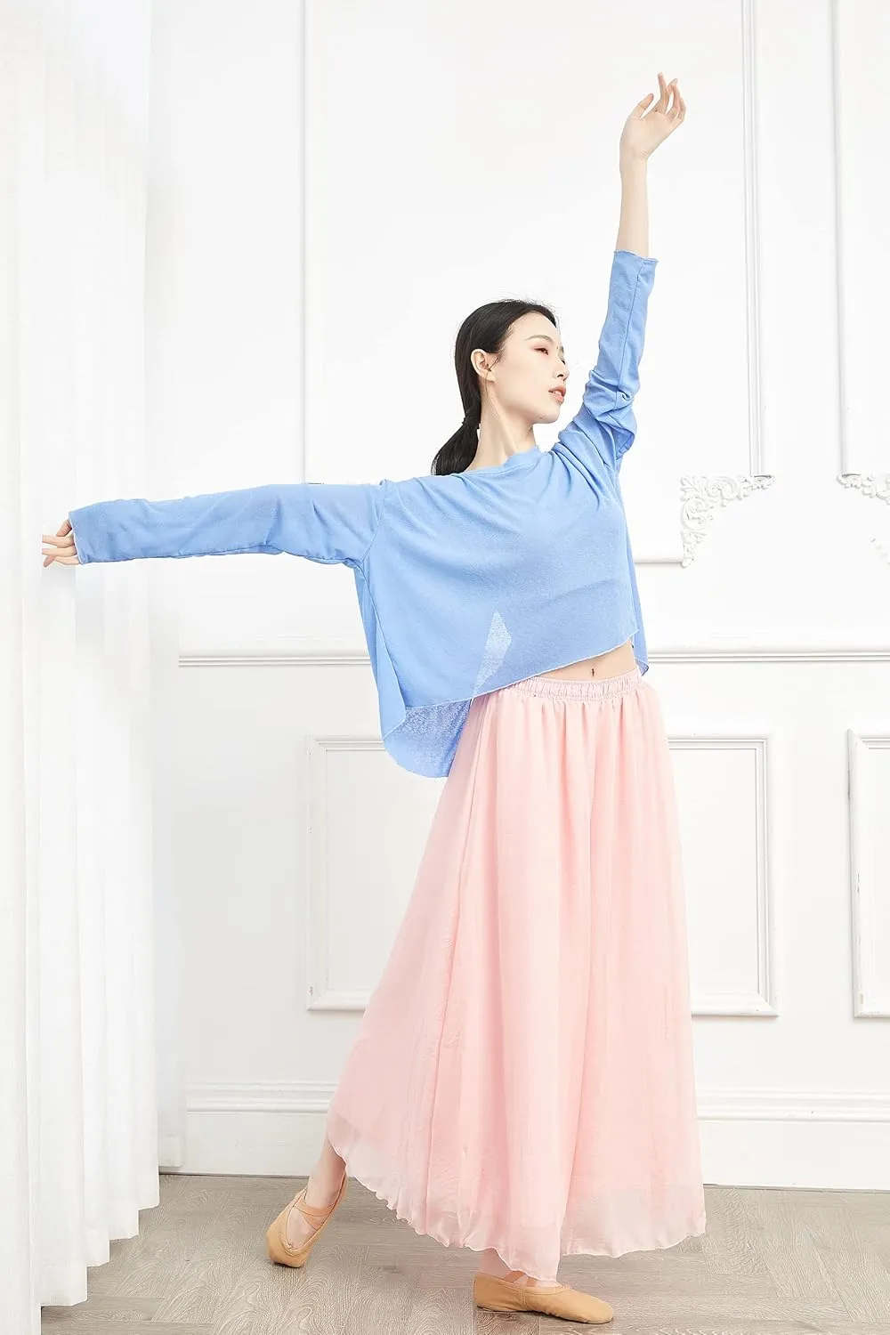 Angcoco Women's Double Layered Wide Leg Loose Fit Chiffon Pants for Dance Performance
