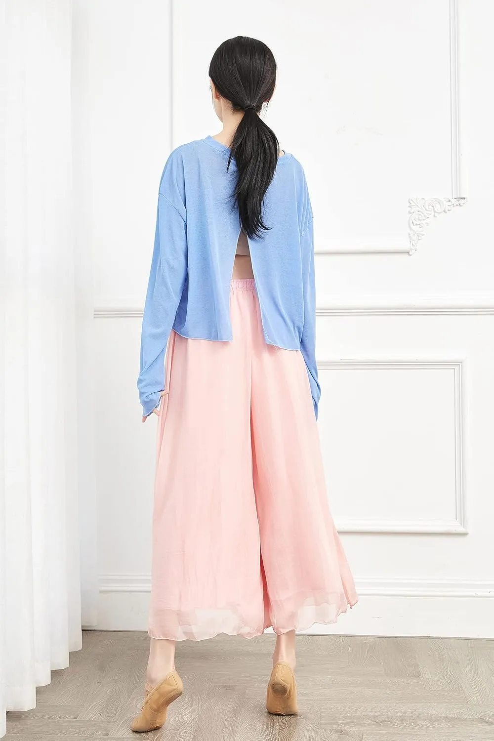 Angcoco Women's Double Layered Wide Leg Loose Fit Chiffon Pants for Dance Performance