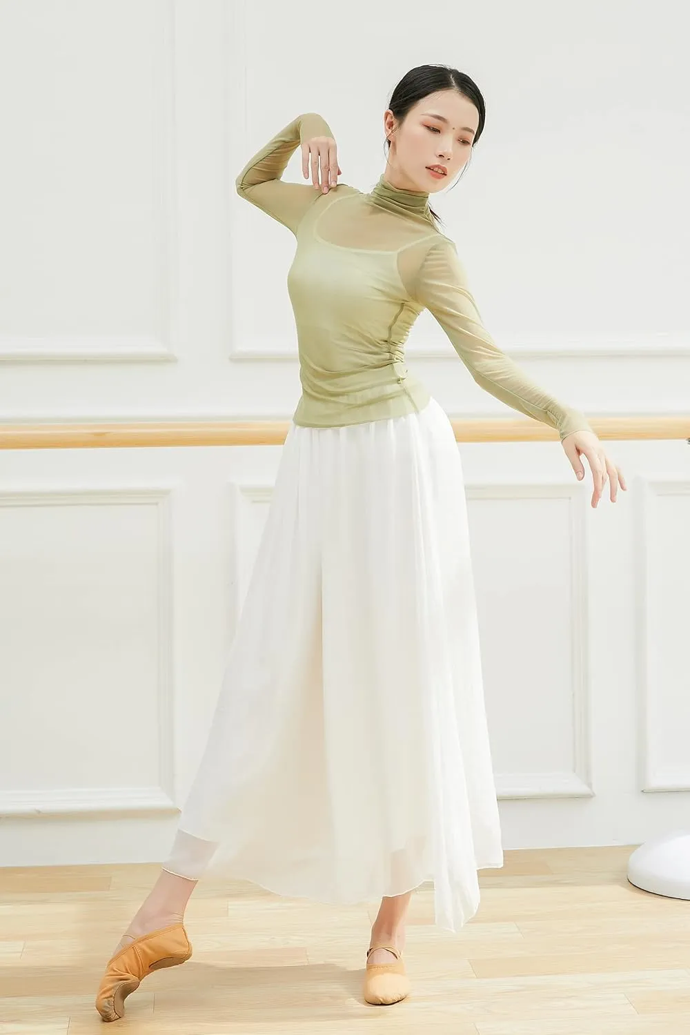 Angcoco Women's Double Layered Wide Leg Loose Fit Chiffon Pants for Dance Performance