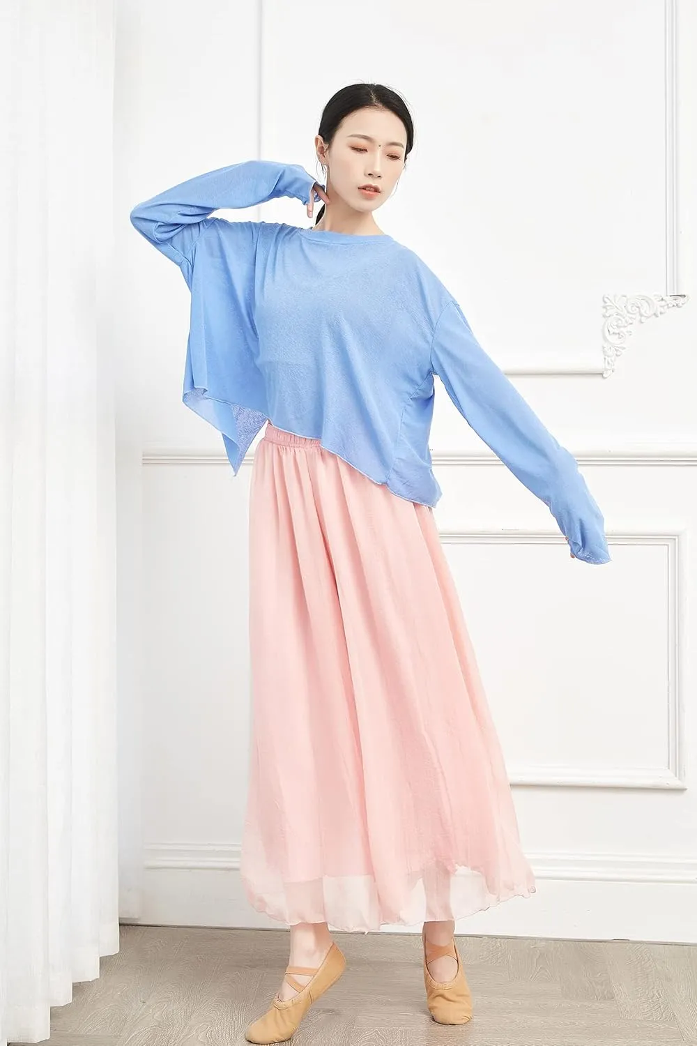 Angcoco Women's Double Layered Wide Leg Loose Fit Chiffon Pants for Dance Performance