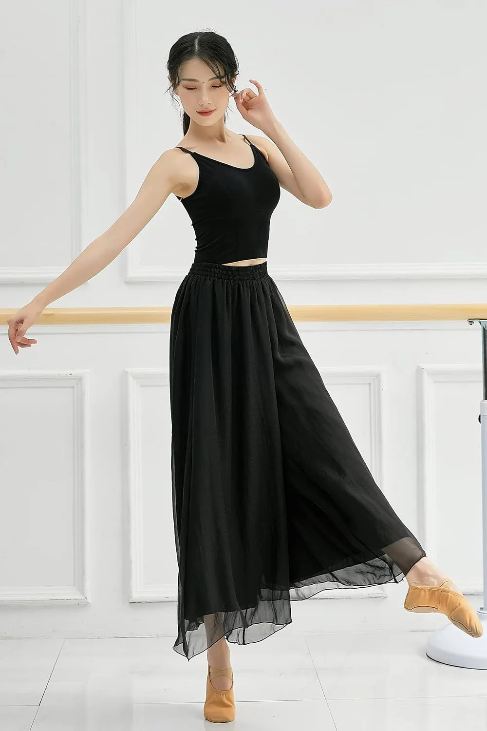 Angcoco Women's Double Layered Wide Leg Loose Fit Chiffon Pants for Dance Performance