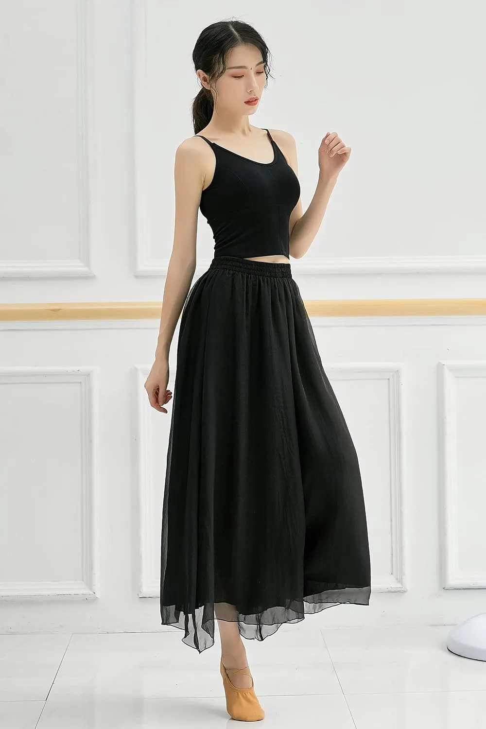 Angcoco Women's Double Layered Wide Leg Loose Fit Chiffon Pants for Dance Performance