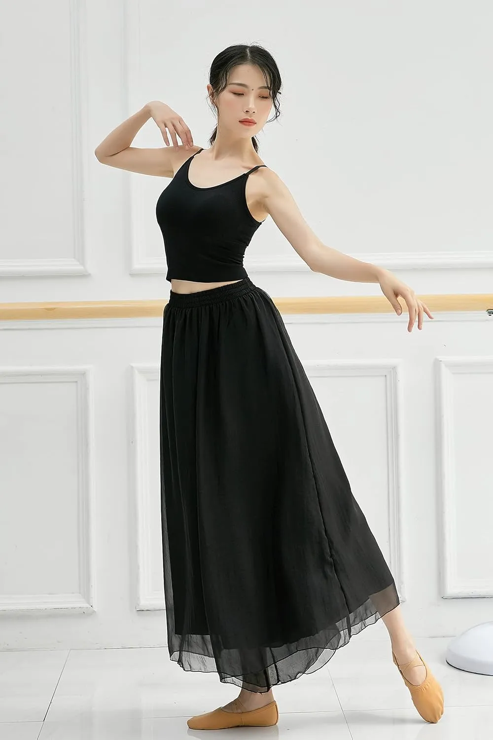 Angcoco Women's Double Layered Wide Leg Loose Fit Chiffon Pants for Dance Performance