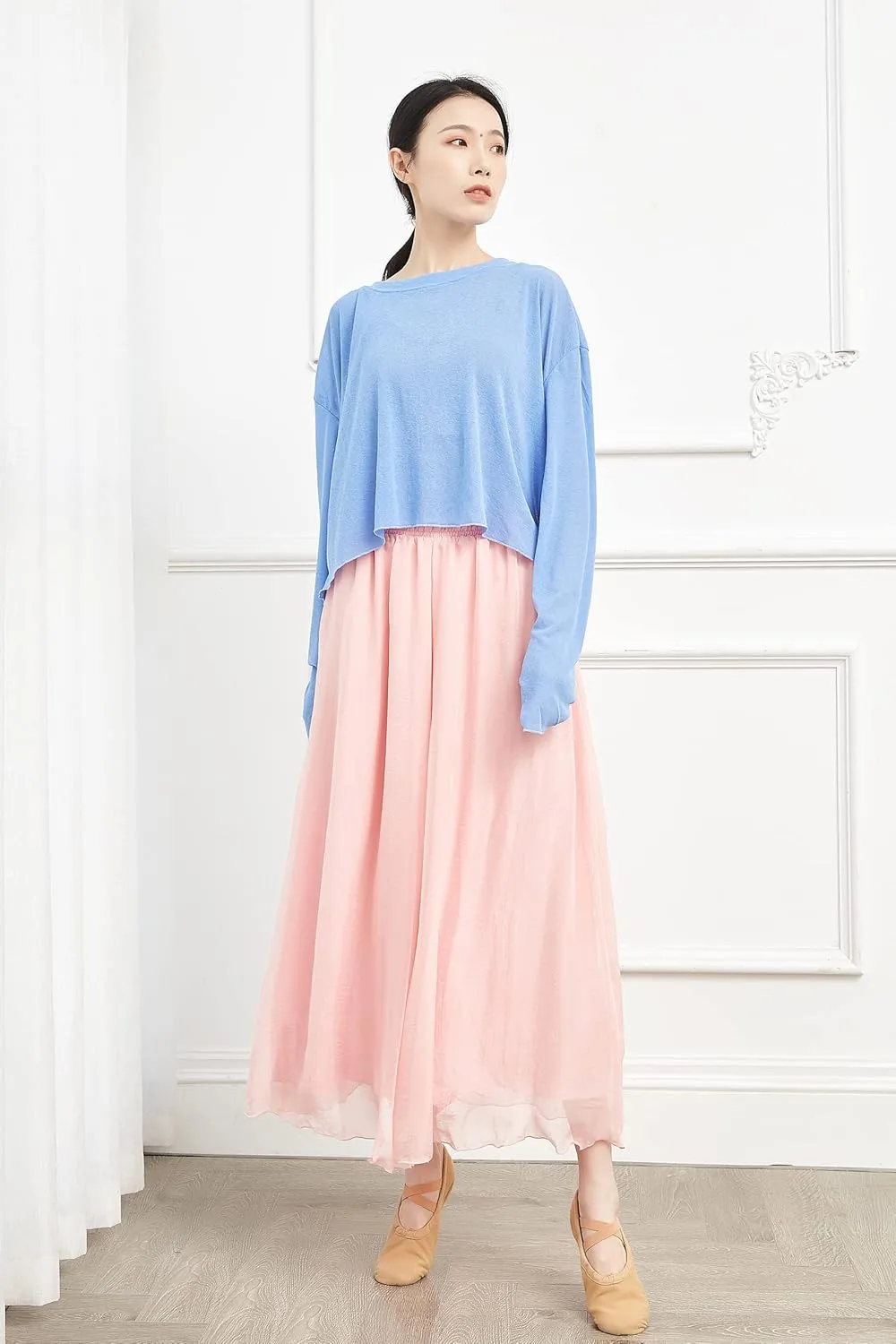 Angcoco Women's Double Layered Wide Leg Loose Fit Chiffon Pants for Dance Performance