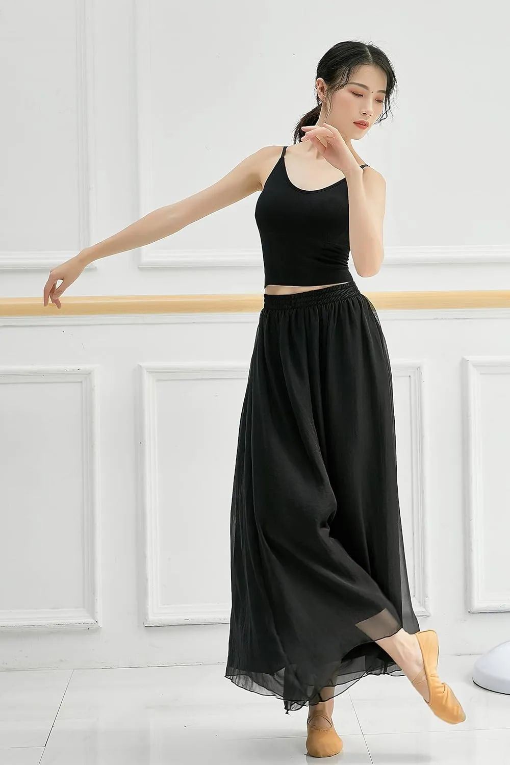 Angcoco Women's Double Layered Wide Leg Loose Fit Chiffon Pants for Dance Performance