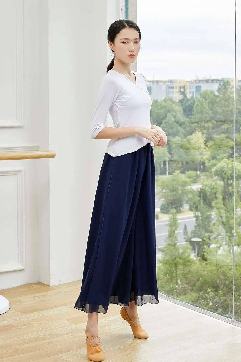 Angcoco Women's Double Layered Wide Leg Loose Fit Chiffon Pants for Dance