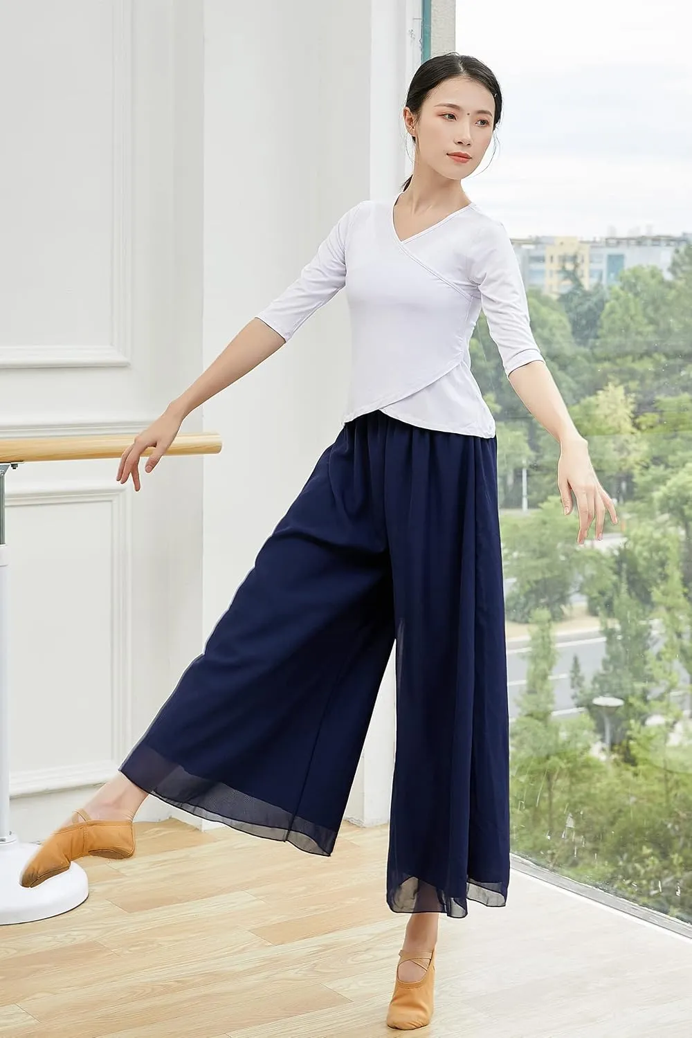 Angcoco Women's Double Layered Wide Leg Loose Fit Chiffon Pants for Dance