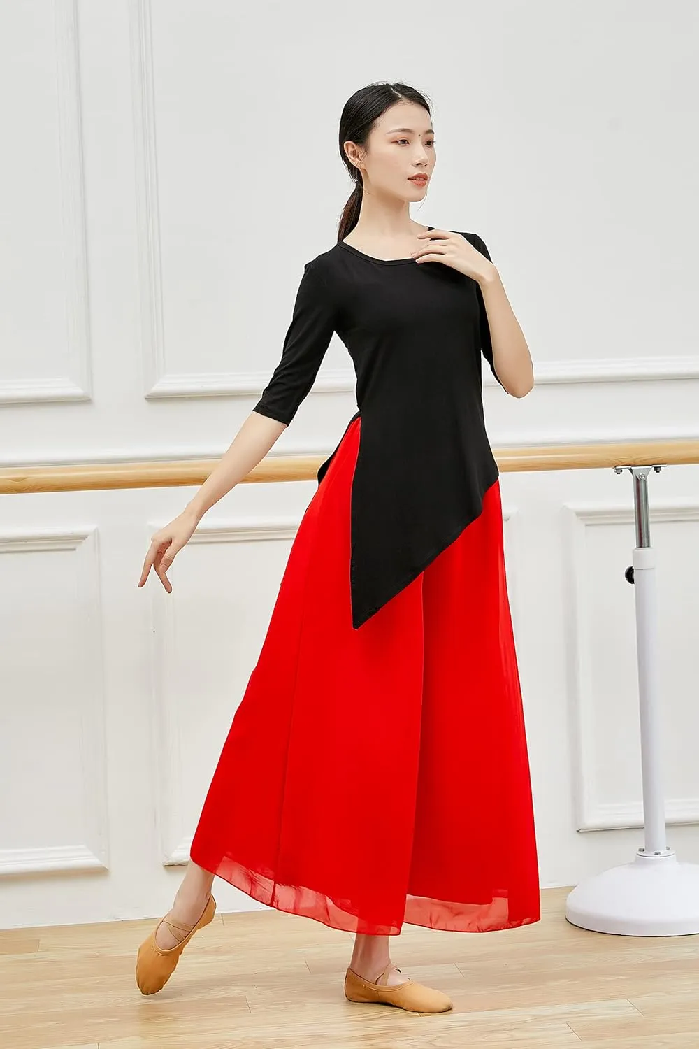 Angcoco Women's Double Layered Wide Leg Loose Fit Chiffon Pants for Dance