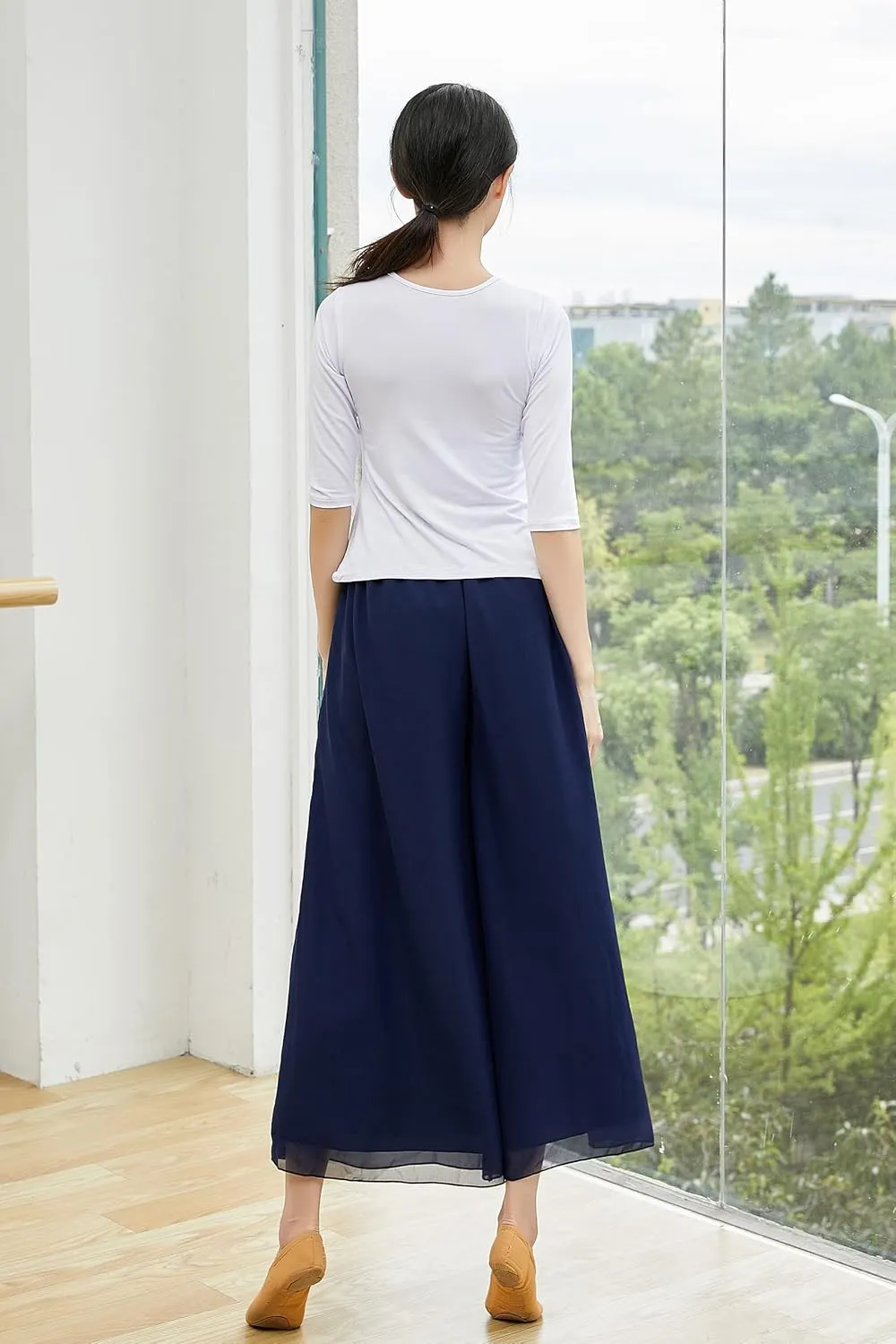 Angcoco Women's Double Layered Wide Leg Loose Fit Chiffon Pants for Dance