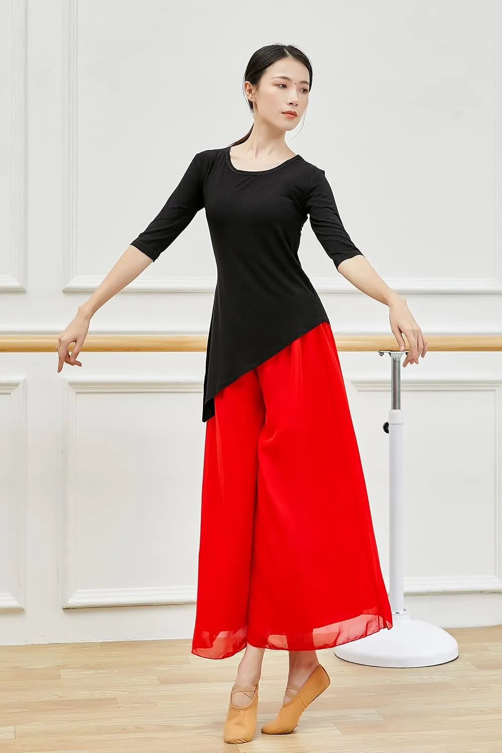 Angcoco Women's Double Layered Wide Leg Loose Fit Chiffon Pants for Dance