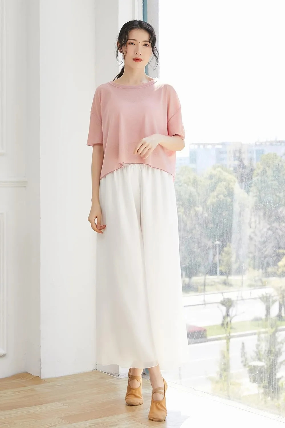 Angcoco Women's Double Layered Wide Leg Loose Fit Chiffon Pants for Dance