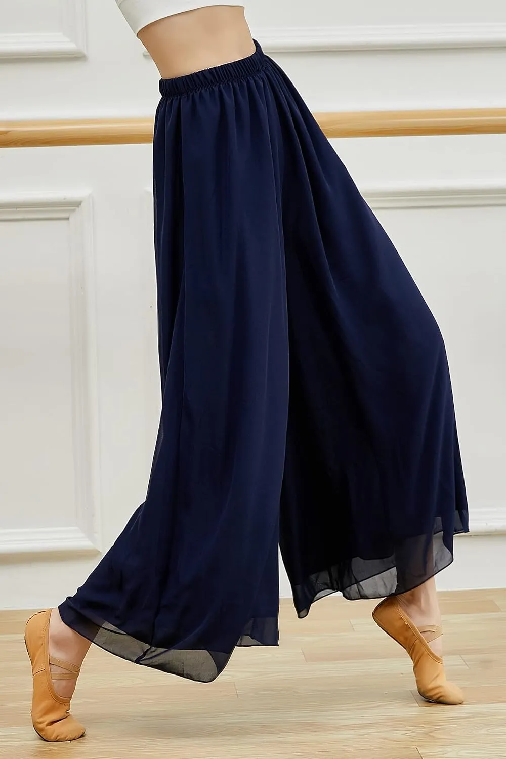 Angcoco Women's Double Layered Wide Leg Loose Fit Chiffon Pants for Dance