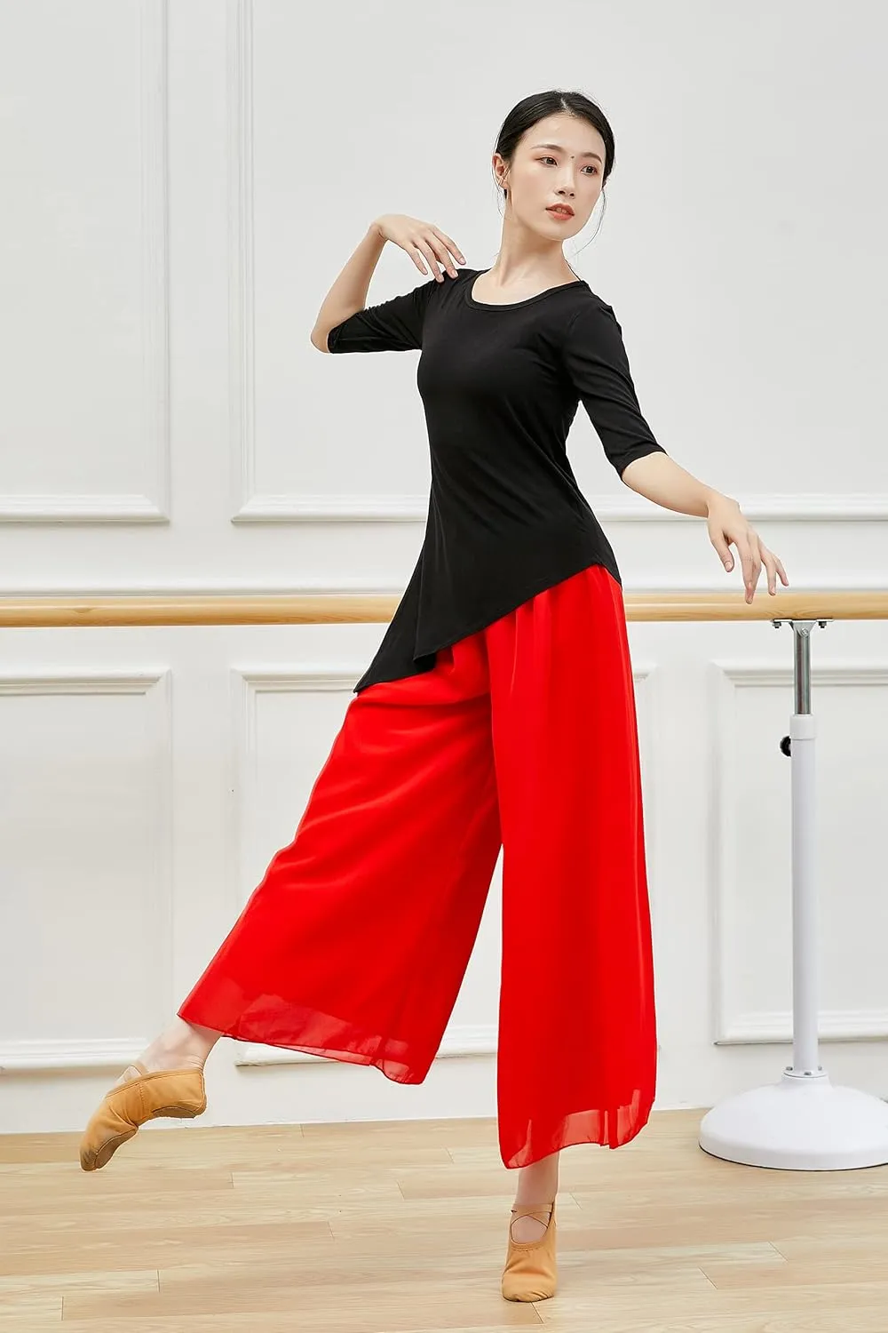 Angcoco Women's Double Layered Wide Leg Loose Fit Chiffon Pants for Dance