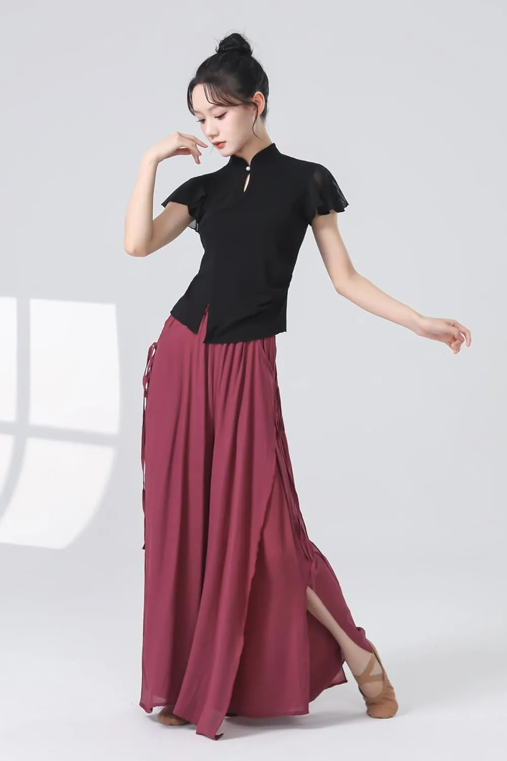 Angcoco Women's Elegant Double-Layer Wide-Leg Loose Fitting Pants for Dance Performance