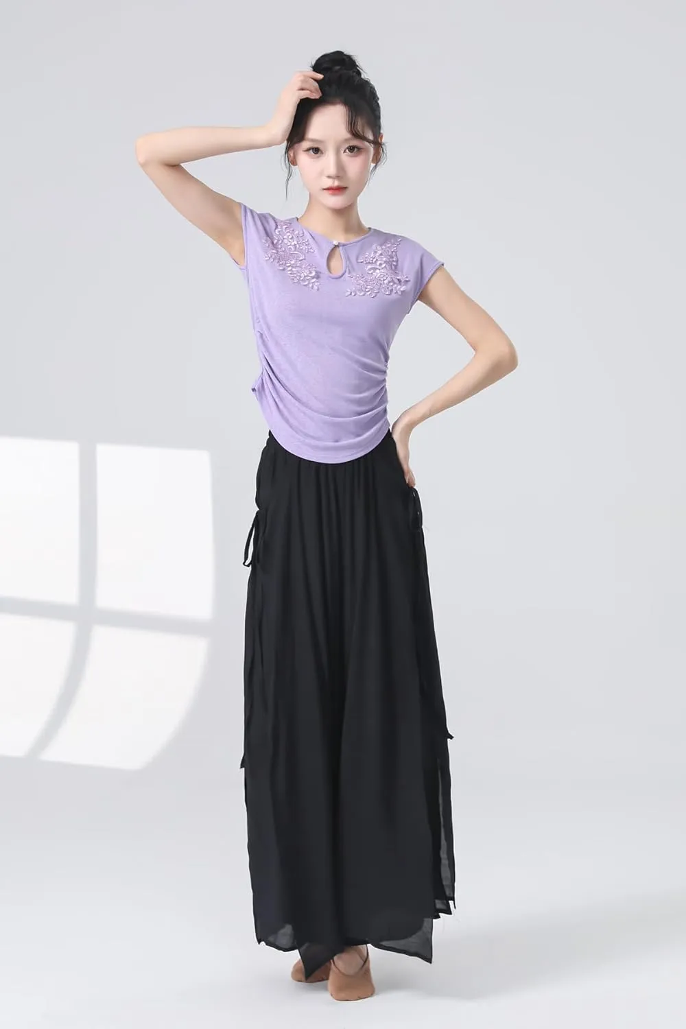 Angcoco Women's Elegant Double-Layer Wide-Leg Loose Fitting Pants for Dance Performance