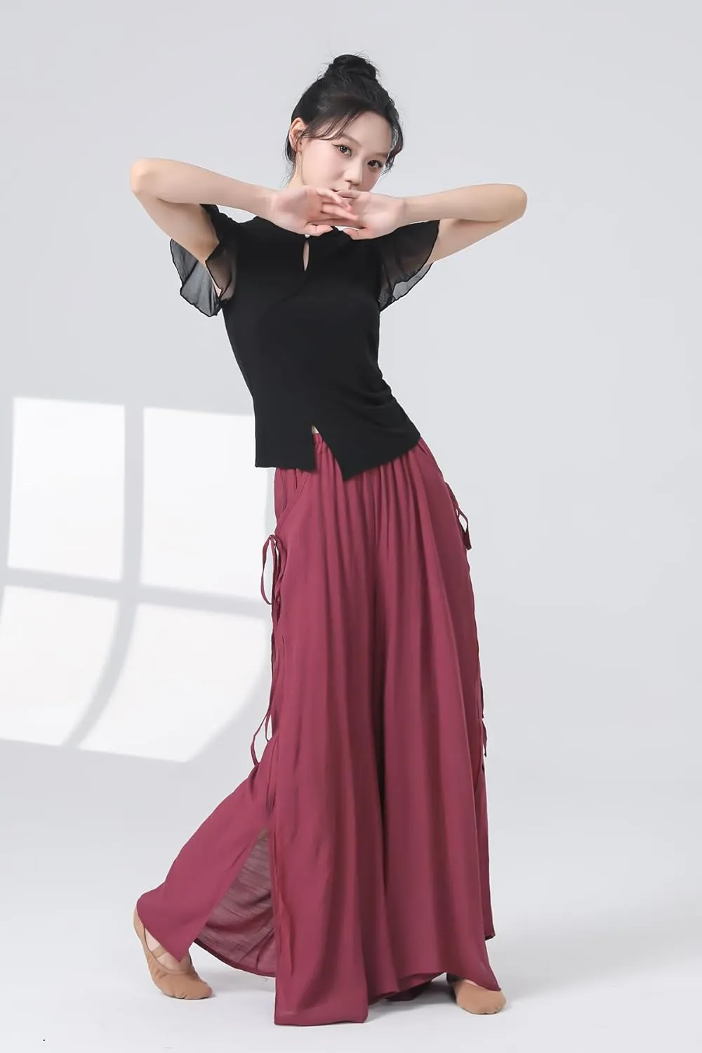Angcoco Women's Elegant Double-Layer Wide-Leg Loose Fitting Pants for Dance Performance