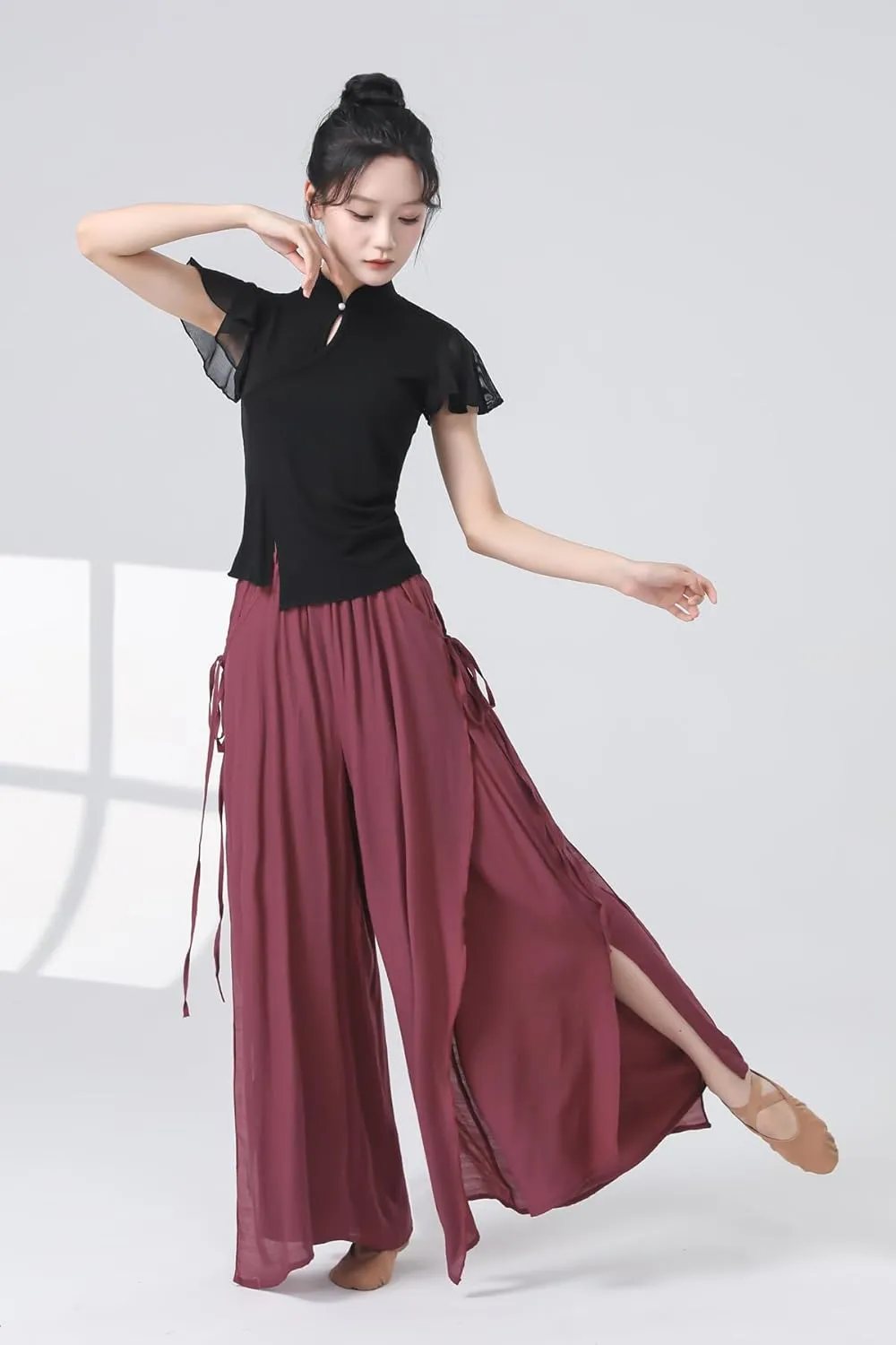 Angcoco Women's Elegant Double-Layer Wide-Leg Loose Fitting Pants for Dance Performance