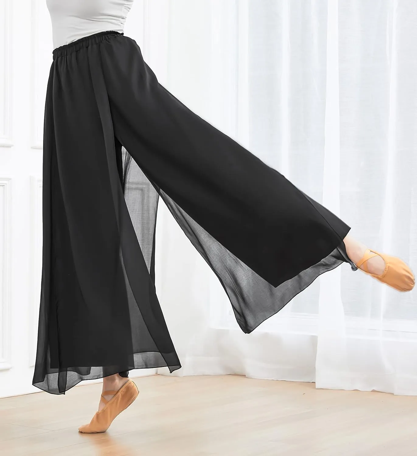Angcoco Women's Elegant Double-Layered Loose Fit Chiffon Pants for Dance Training