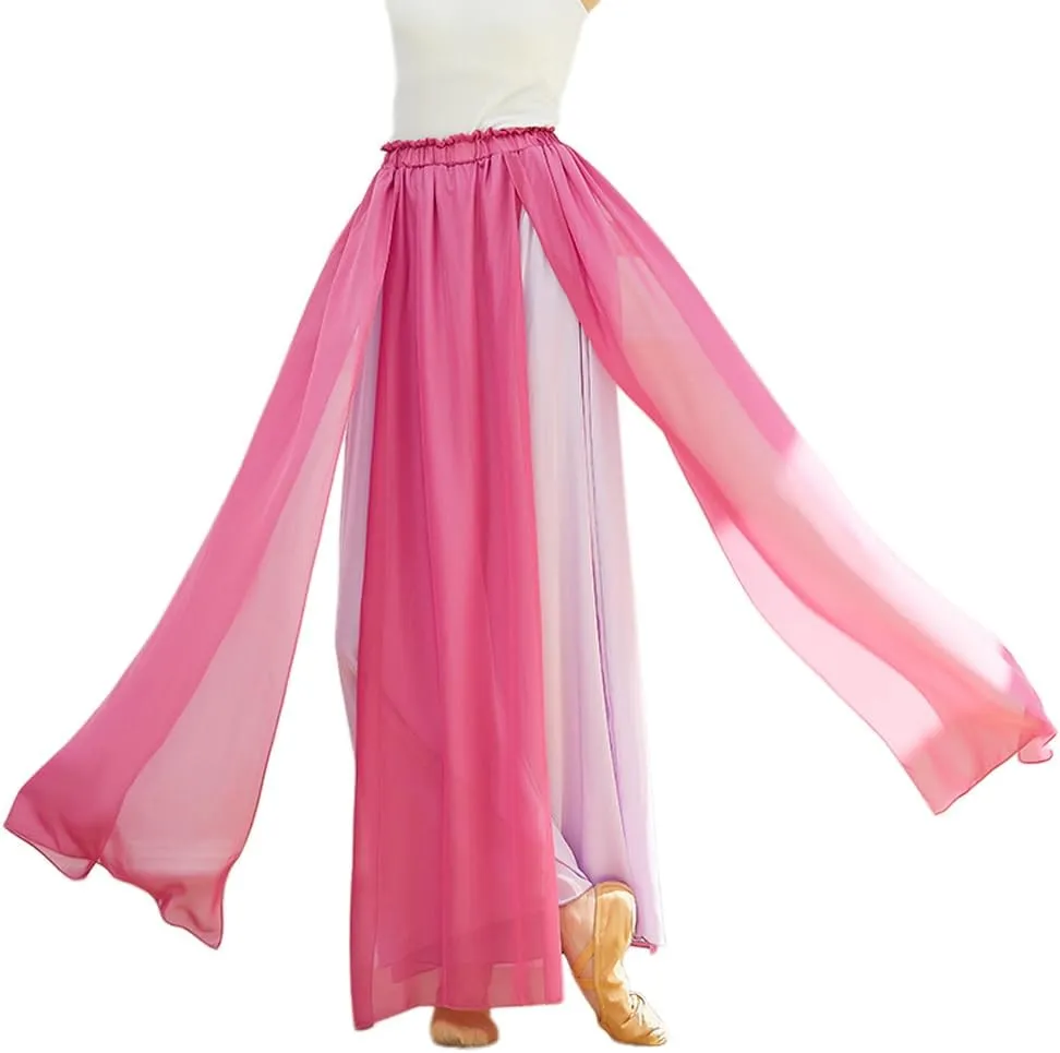 Angcoco Women's Elegant Double-Layered Loose Fit Chiffon Pants for Dance Training