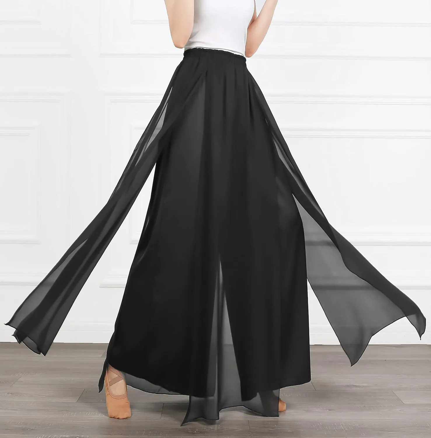Angcoco Women's Elegant Double-Layered Loose Fit Chiffon Pants for Dance Training