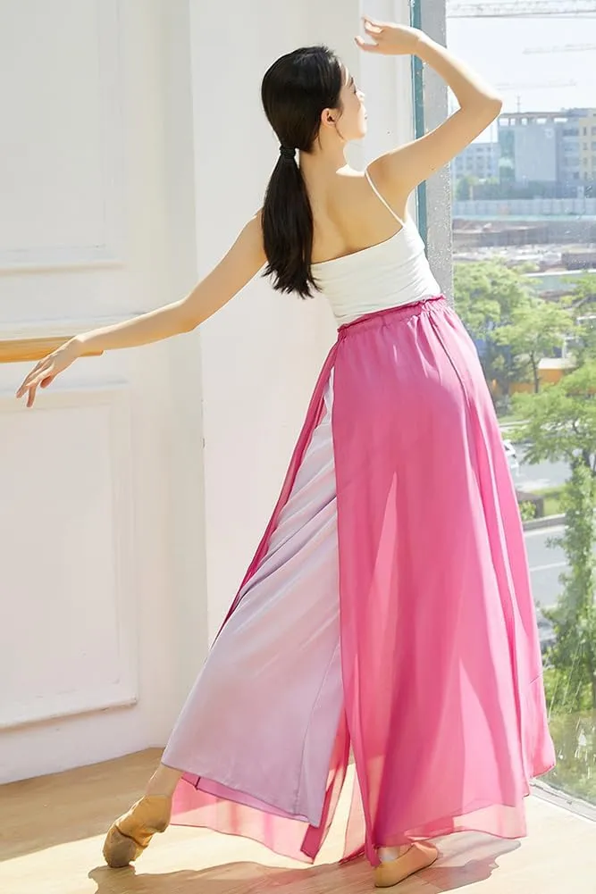 Angcoco Women's Elegant Double-Layered Loose Fit Chiffon Pants for Dance Training