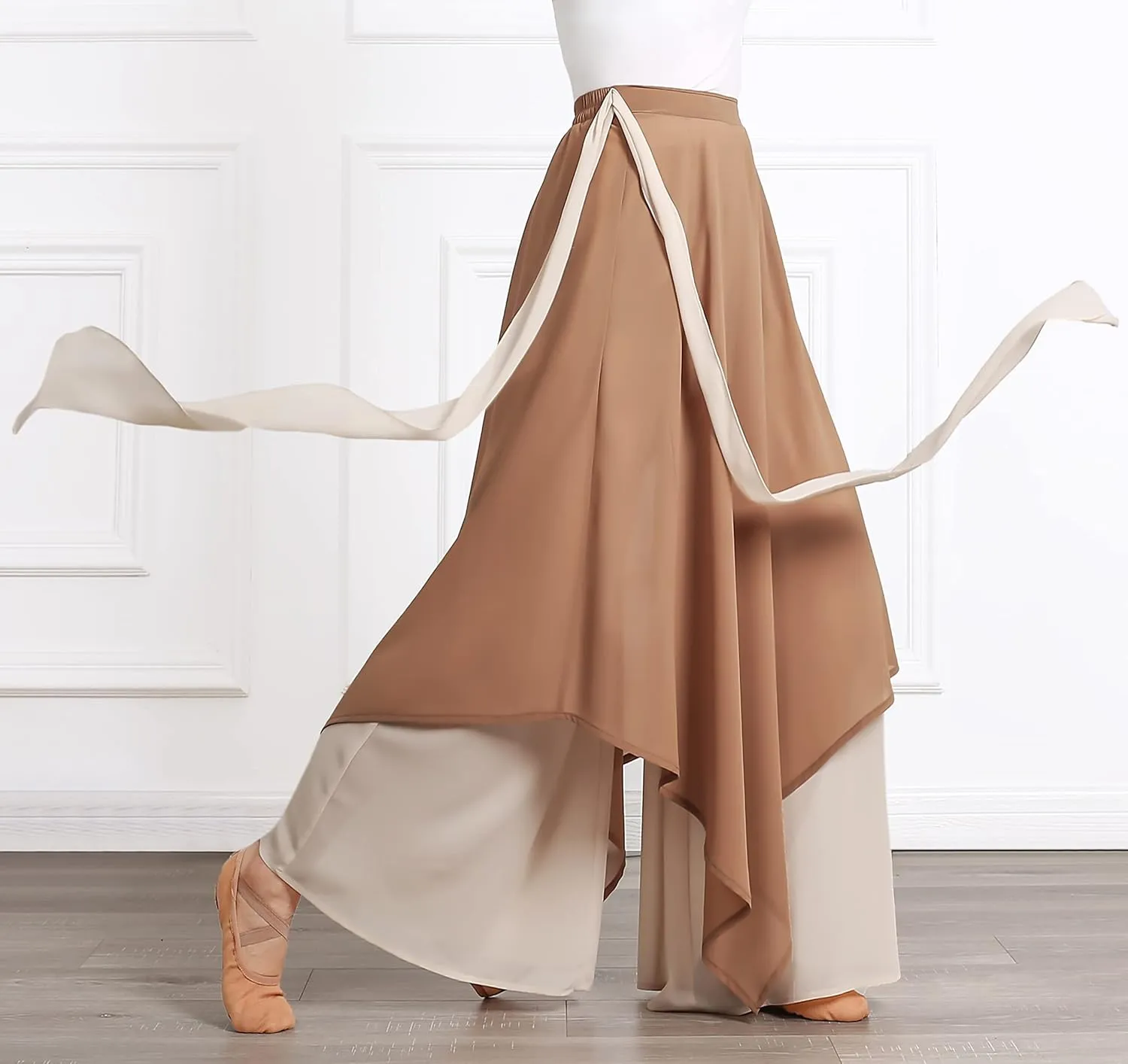Angcoco Women's Loose Fit Double Layered Color Clash Chiffon Pants for Dance Training