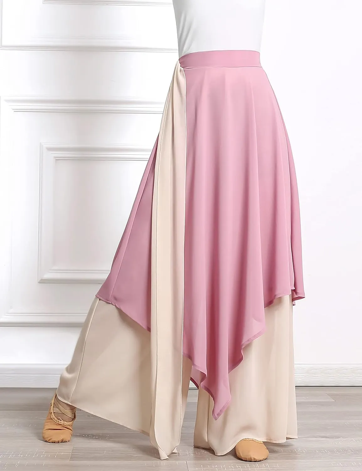 Angcoco Women's Loose Fit Double Layered Color Clash Chiffon Pants for Dance Training