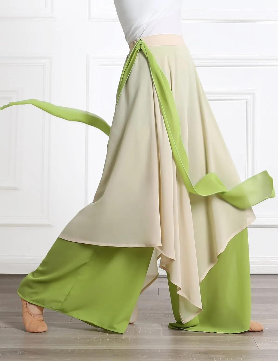 Angcoco Women's Loose Fit Double Layered Color Clash Chiffon Pants for Dance Training