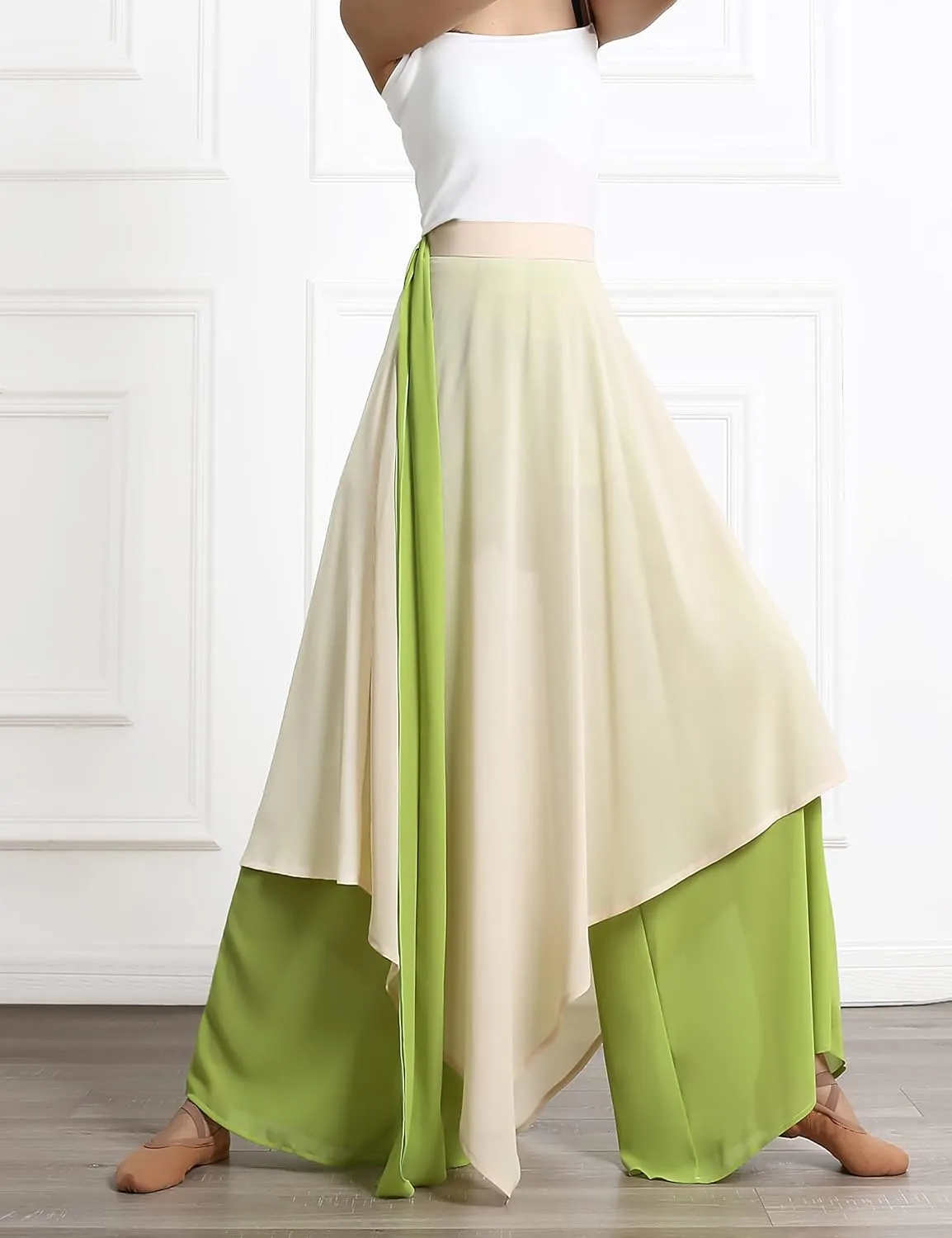 Angcoco Women's Loose Fit Double Layered Color Clash Chiffon Pants for Dance Training