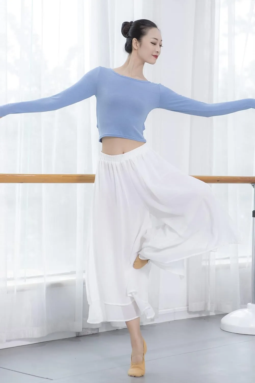 Angcoco Women's Loose Fit Double Layered Side Slit Chiffon Pants for Dance Training