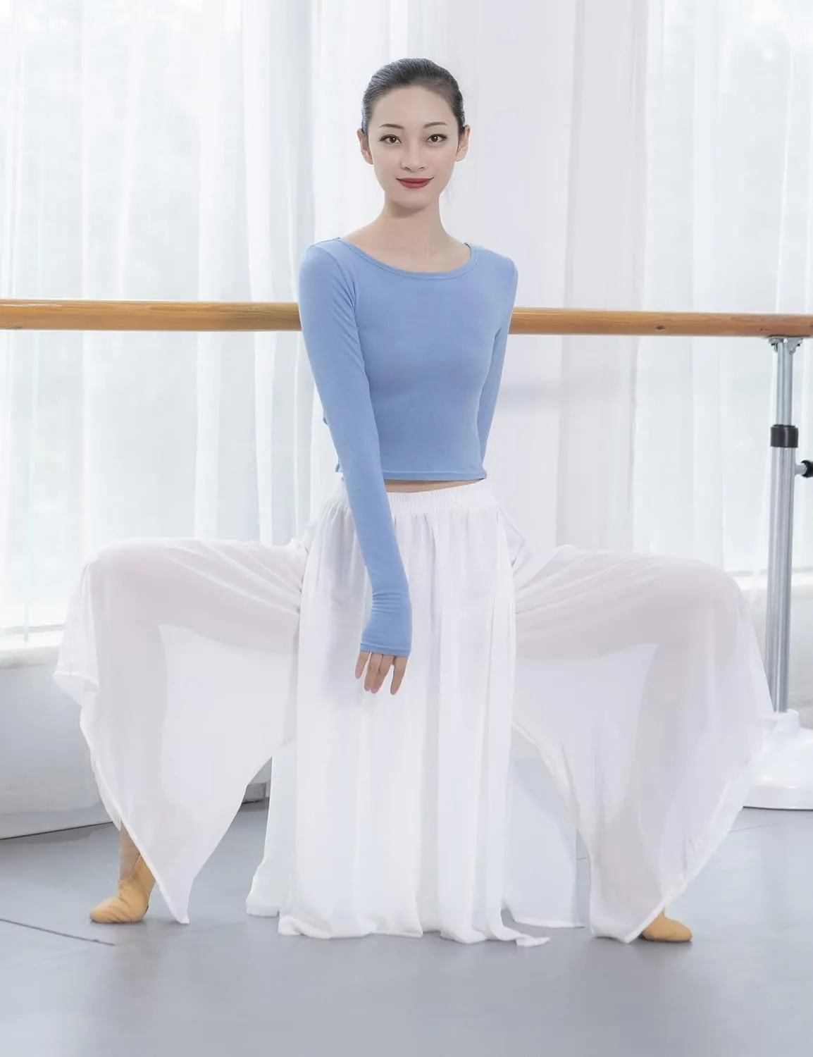 Angcoco Women's Loose Fit Double Layered Side Slit Chiffon Pants for Dance Training