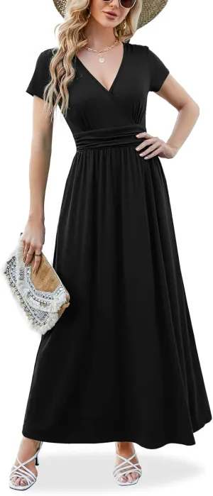 ANRILITA Maxi Dress for Women Wrap V Neck Short Sleeve Empire Pleated Waist Summer Casual Elegant Long Dresses with Pockets